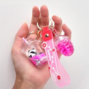 Private Label Mini Cute Milk Tea Bottle Panda Lip Gloss With Keychain Moisturizing Lip Gloss Oil Kids Lip Gloss Balm